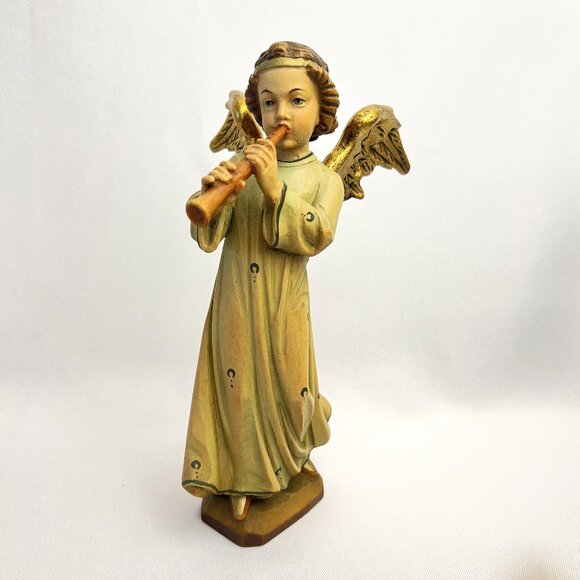 Sebastian Pöll Wood Carved Angel Flute Figurine Mittenwald Germany Vintage 8 1/4 - Picture 1 of 10